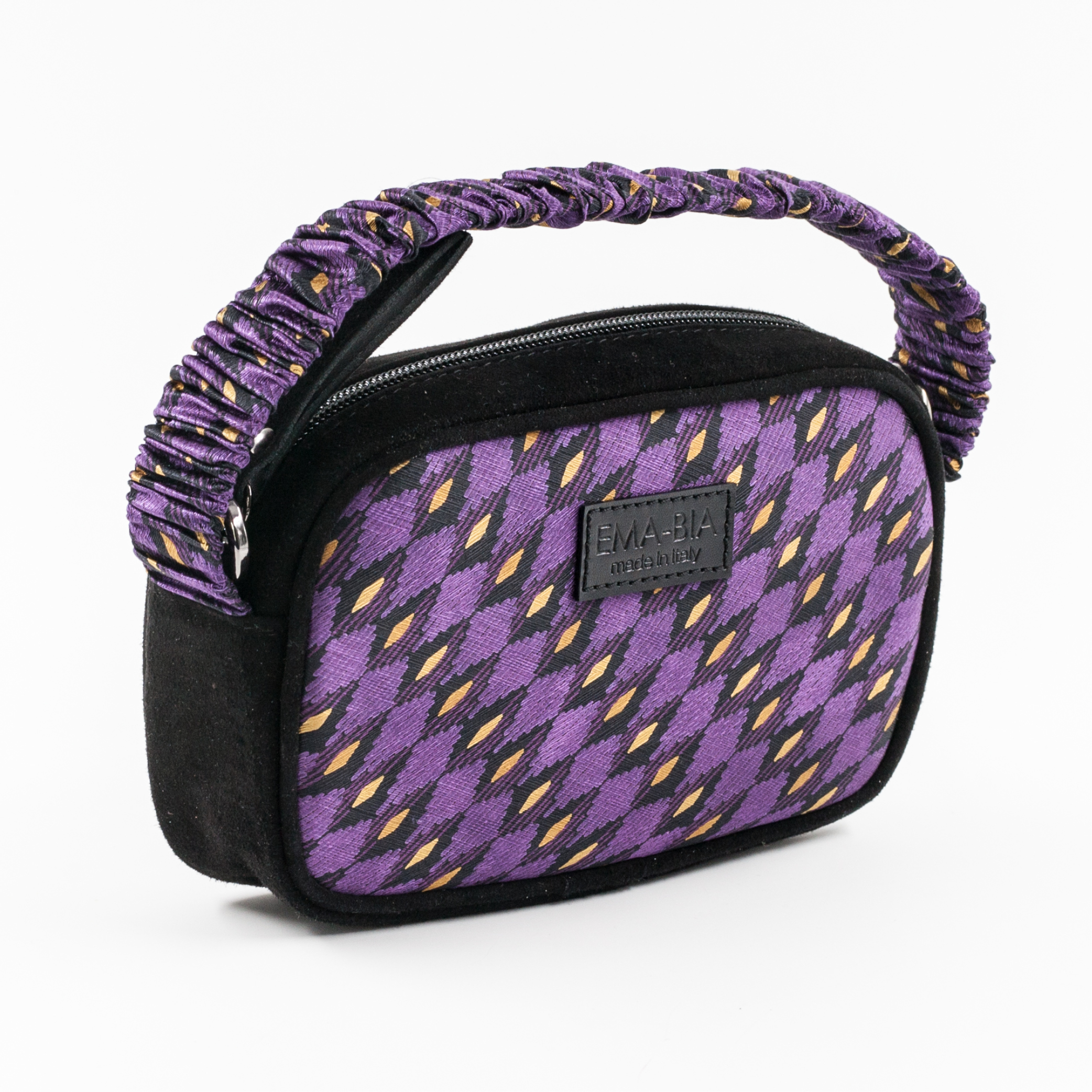 Mini-Tasche aus schwarzem Leder und Seide mit violettem geometrischem Druck
