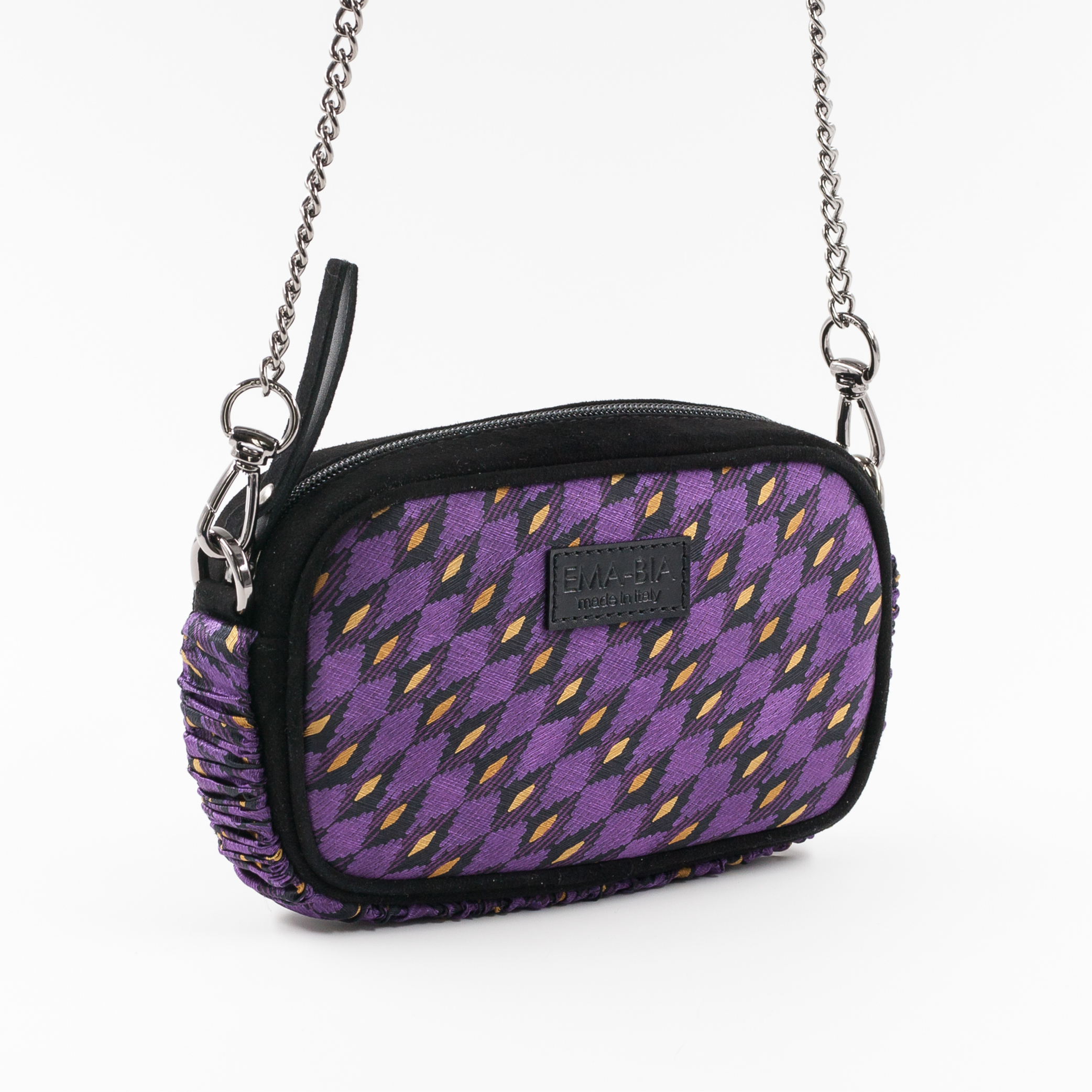 Mini-Tasche aus schwarzem Leder und Seide mit violettem geometrischem Druck