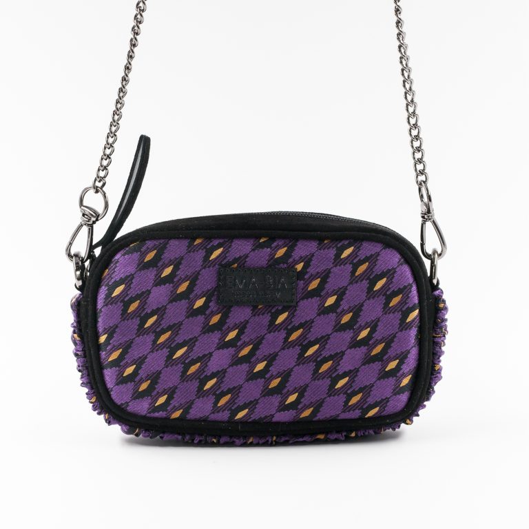 Mini-Tasche aus schwarzem Leder und Seide mit violettem geometrischem Druck Mini-Tasche aus schwarzem Leder und Seide mit violettem geometrischem Druck