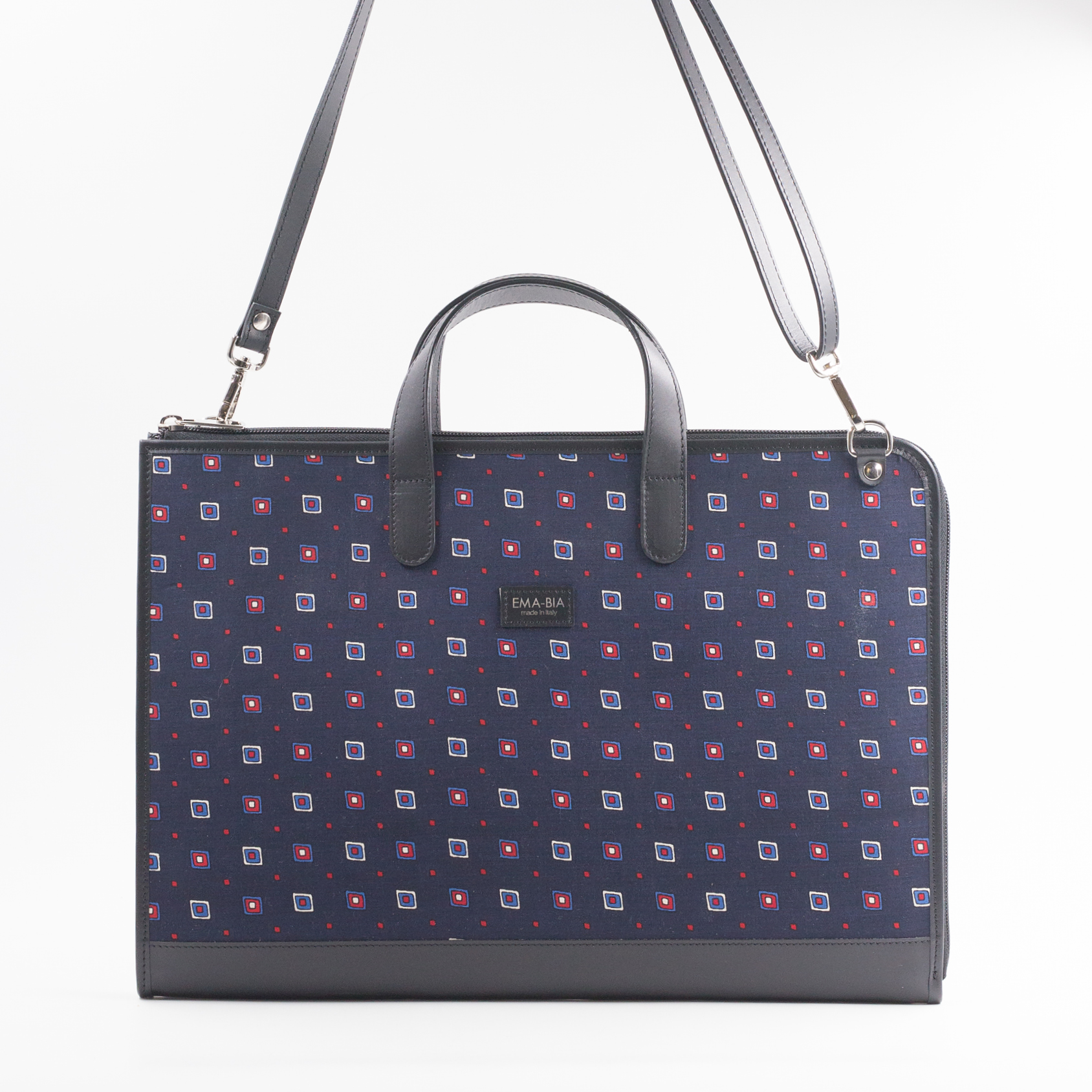 Borsa 24 ore blu in seta con stampa geometrica Borsa 24 ore blu in seta con stampa geometrica