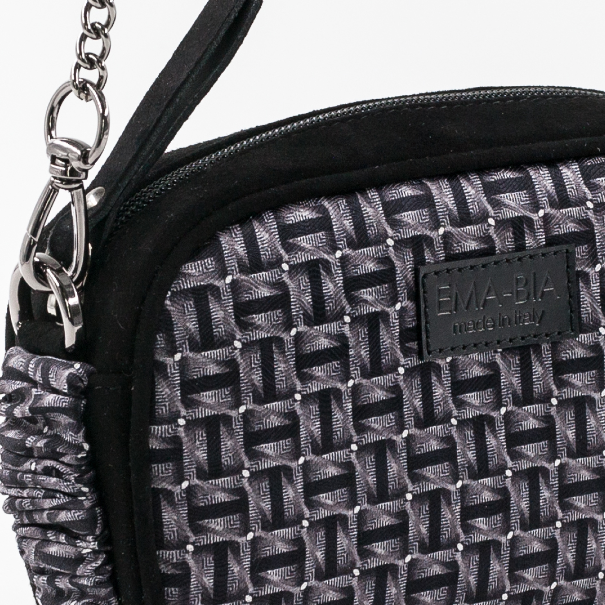 Mini-Tasche mit Kette aus schwarzem Leder und Seide mit Print