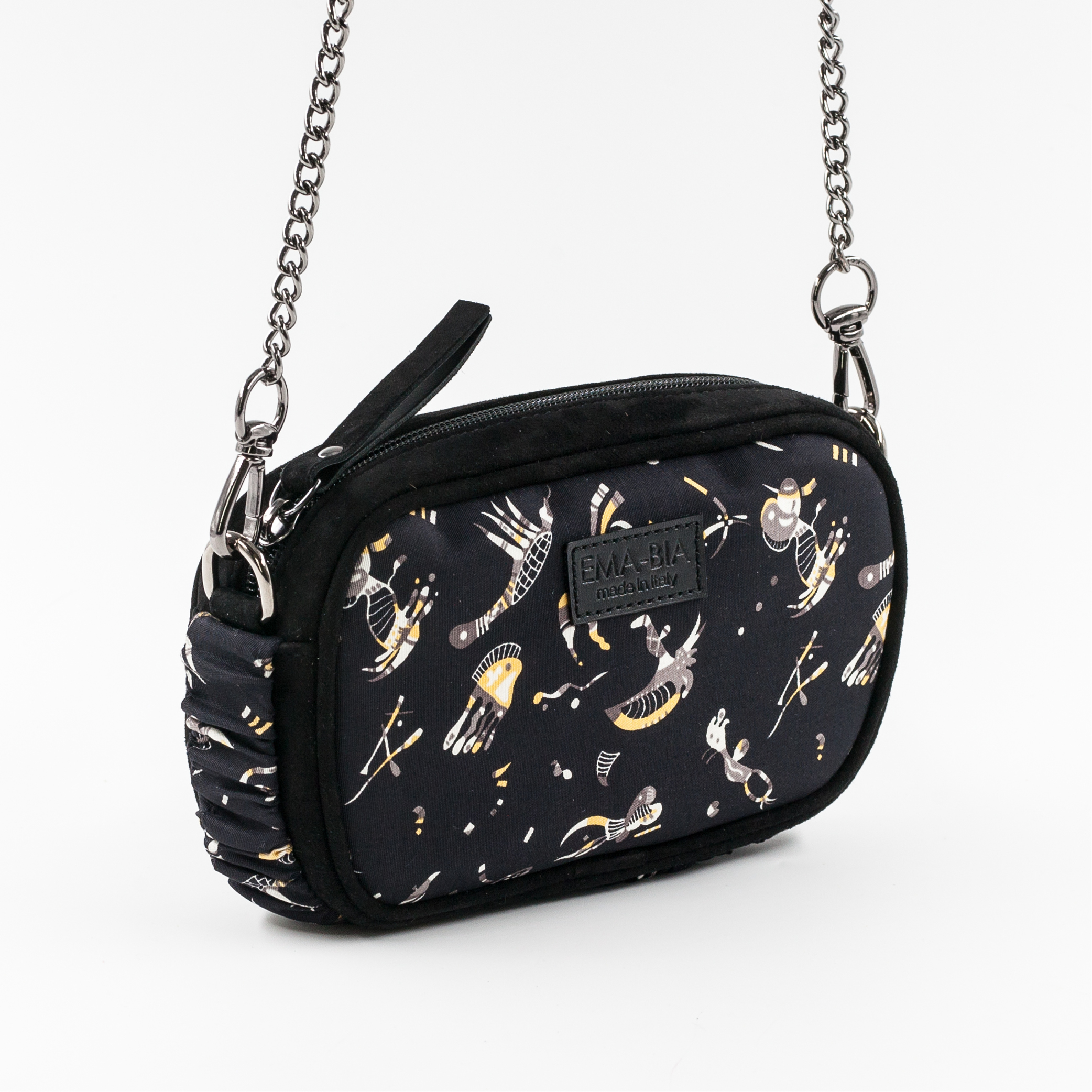 mini borsa a tracolla in pelle e seta con stampa naif