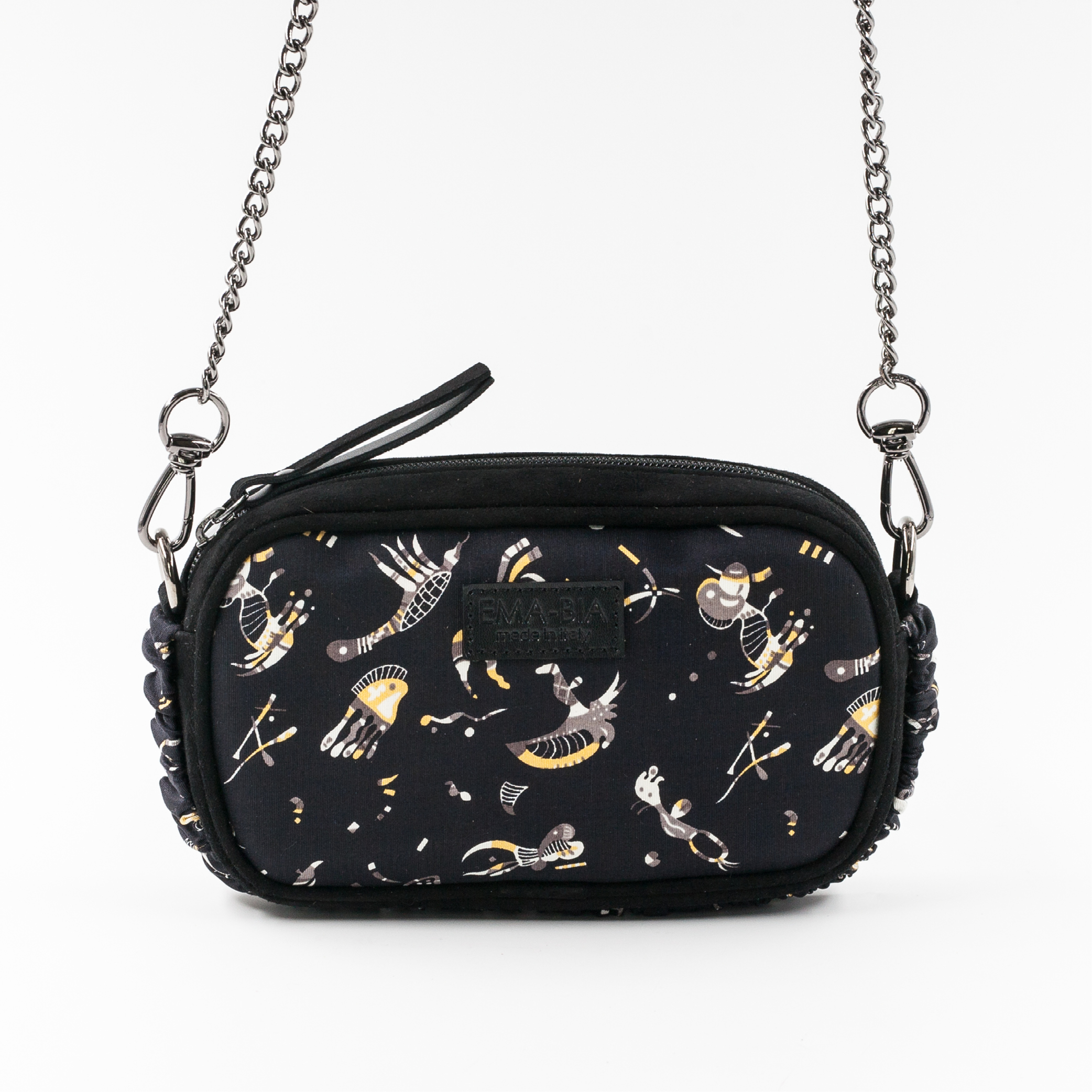 mini borsa a tracolla in pelle e seta con stampa naif