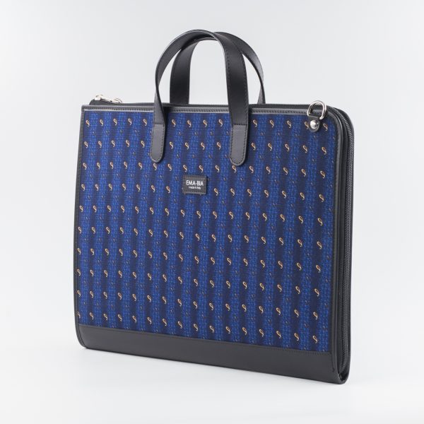borsa in seta e pelle con stampa geometrica blu