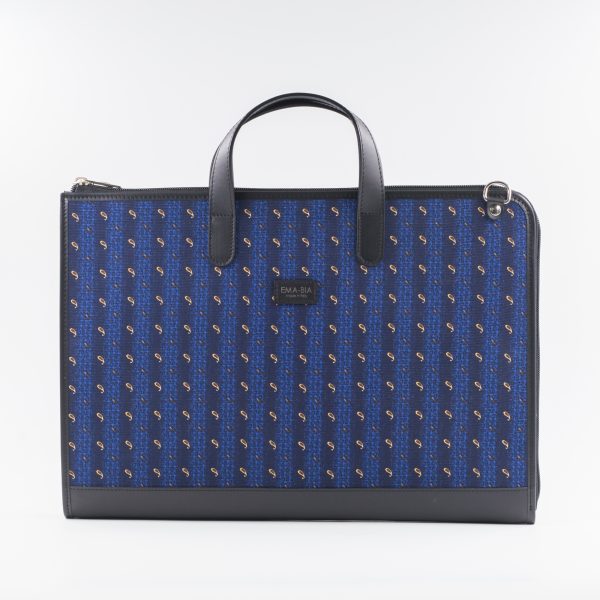 borsa in seta e pelle con stampa geometrica blu