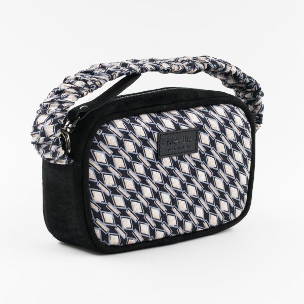 Mini-Tasche aus schwarzem Leder und Seide mit geometrischem Druck