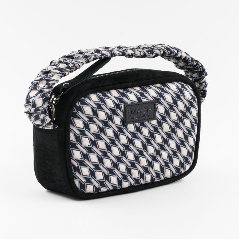 Mini-Tasche aus schwarzem Leder und Seide mit geometrischem Druck Mini-Tasche aus schwarzem Leder und Seide mit geometrischem Druck