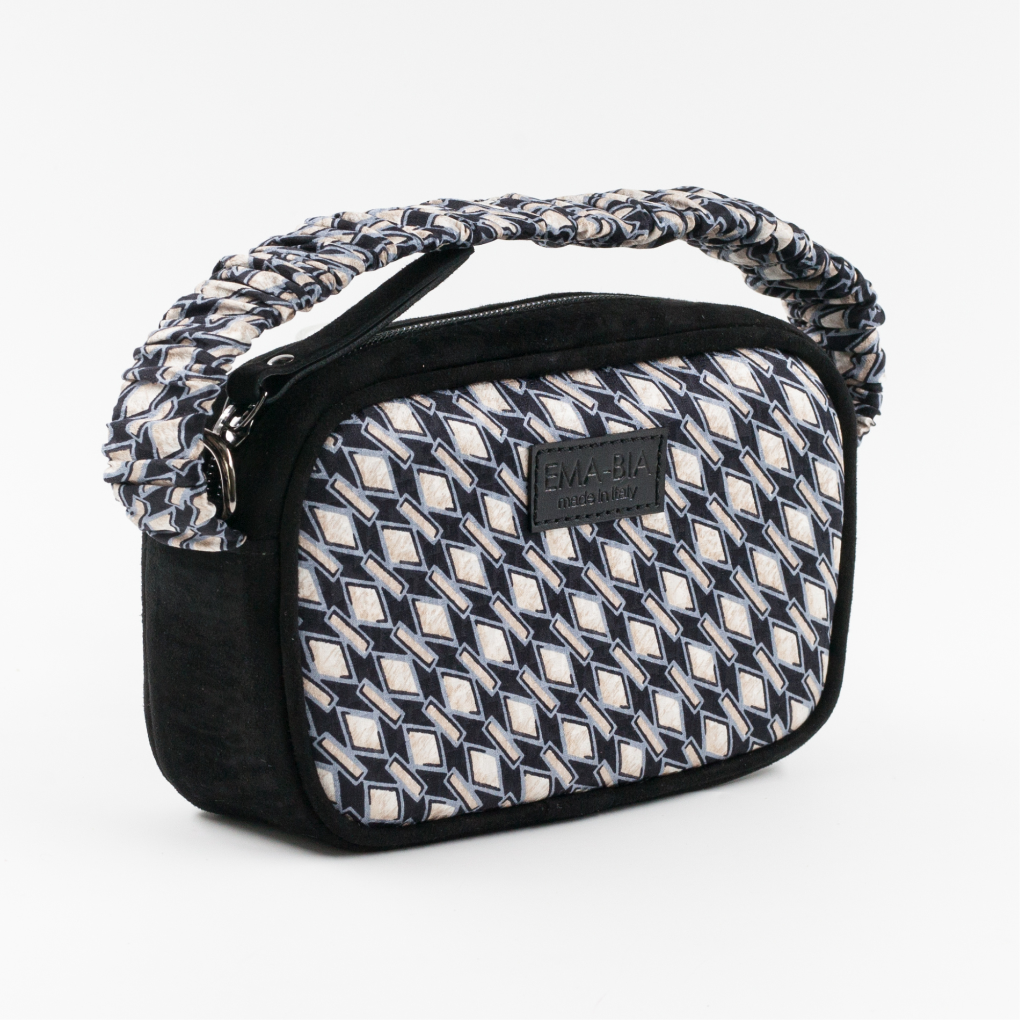 mini borsa in pelle nera e seta con stampa geometrica mini borsa in pelle nera e seta con stampa geometrica