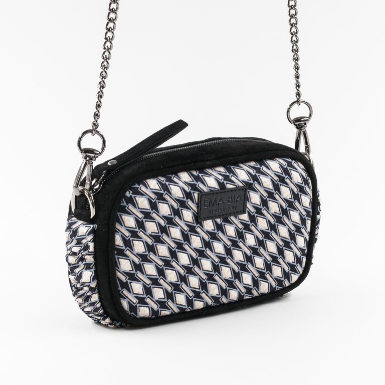 Mini-Tasche aus schwarzem Leder und Seide mit geometrischem Druck Mini-Tasche aus schwarzem Leder und Seide mit geometrischem Druck