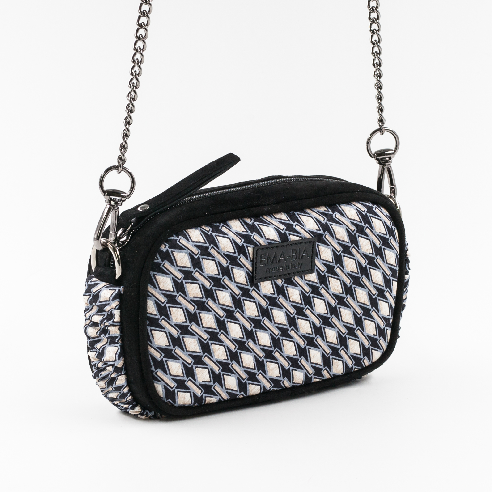 mini borsa in pelle nera e seta con stampa geometrica mini borsa in pelle nera e seta con stampa geometrica