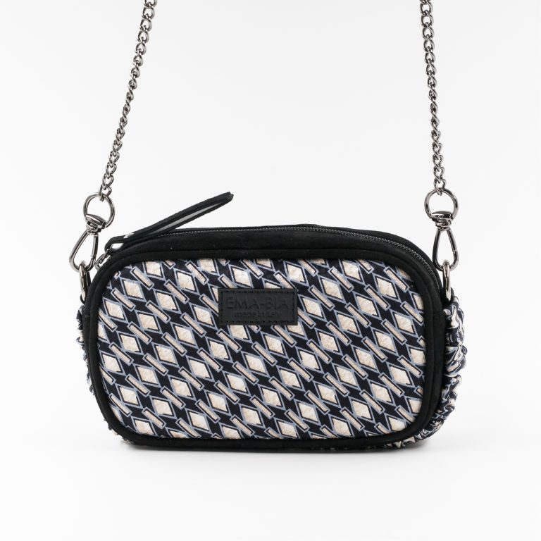 Mini-Tasche aus schwarzem Leder und Seide mit geometrischem Druck Mini-Tasche aus schwarzem Leder und Seide mit geometrischem Druck