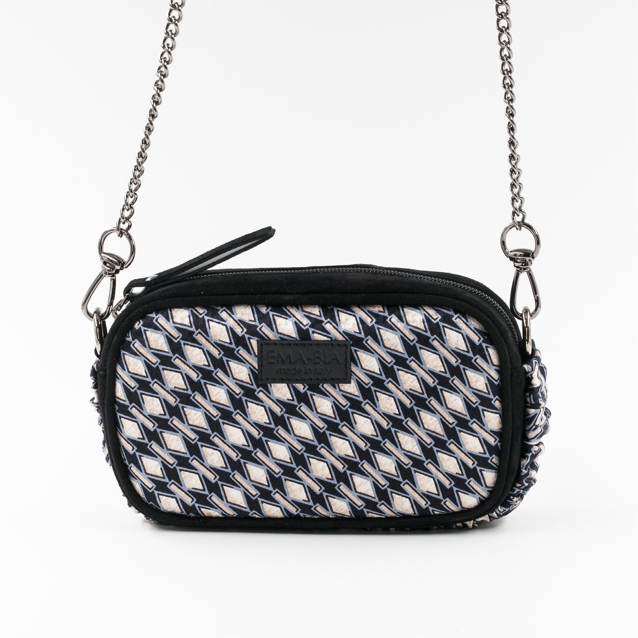 mini borsa in pelle nera e seta con stampa geometrica mini borsa in pelle nera e seta con stampa geometrica