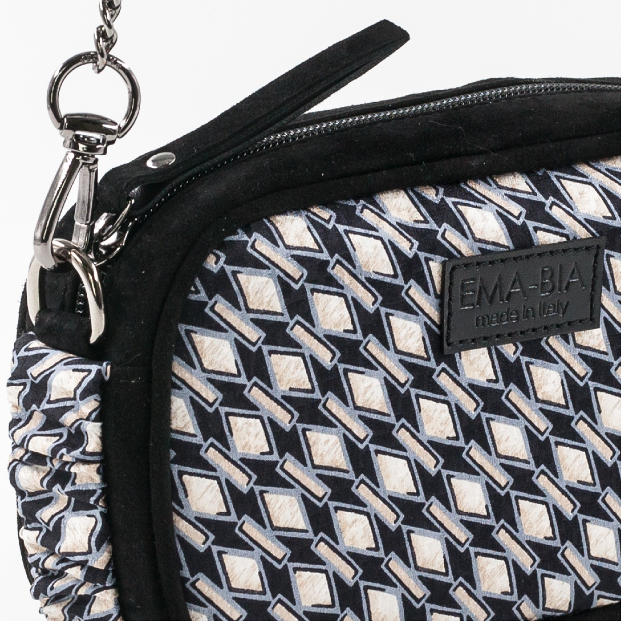 mini borsa in pelle nera e seta con stampa geometrica mini borsa in pelle nera e seta con stampa geometrica