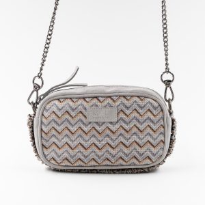 borsa in seta e pelle con catenella grigia