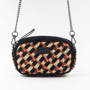 mini borsa in pelle nera e seta con stampa rossa