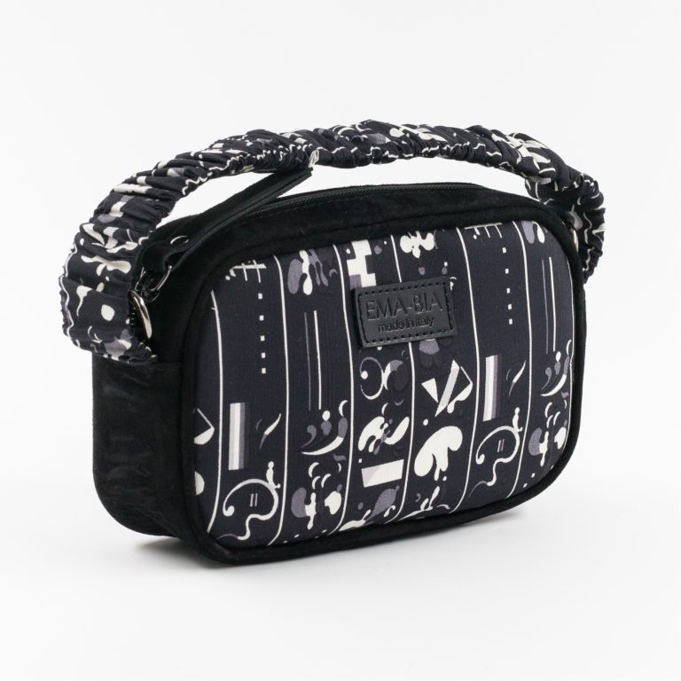 mini borsa in pelle nera e seta con stampa naif mini borsa in pelle nera e seta con stampa naif
