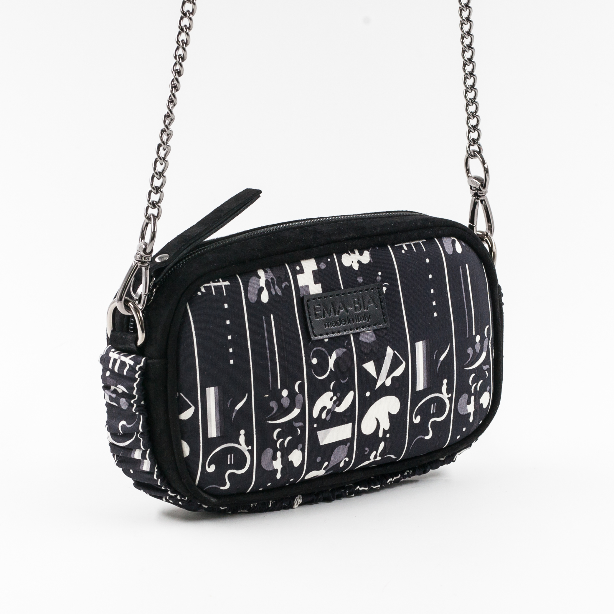 Mini-Tasche aus schwarzem Leder und Seide mit naivem Print