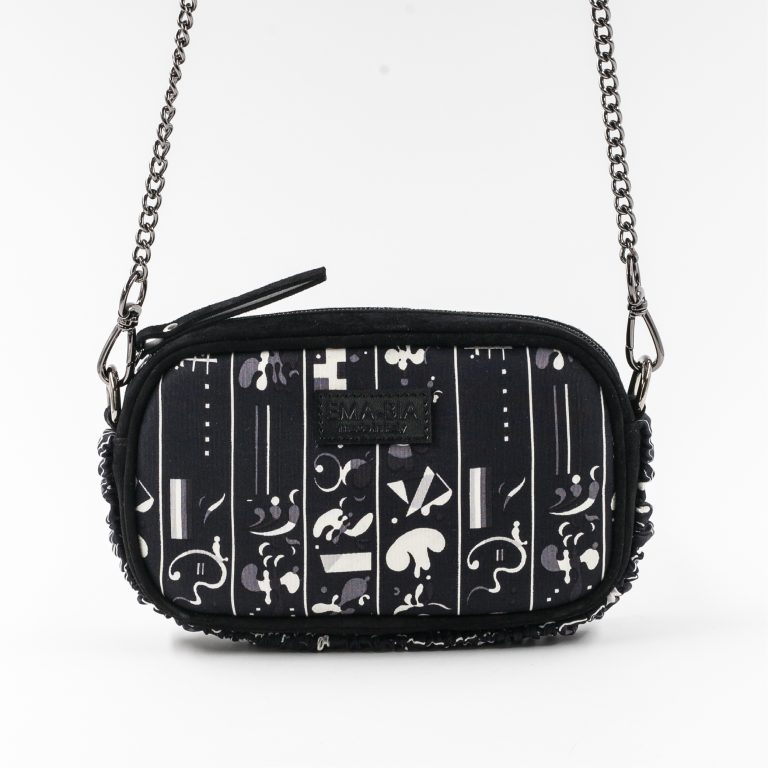 mini borsa in pelle nera e seta con stampa naif mini borsa in pelle nera e seta con stampa naif