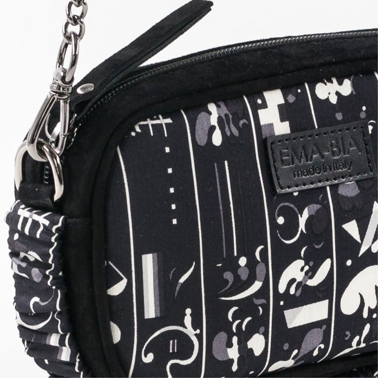 mini borsa in pelle nera e seta con stampa naif mini borsa in pelle nera e seta con stampa naif