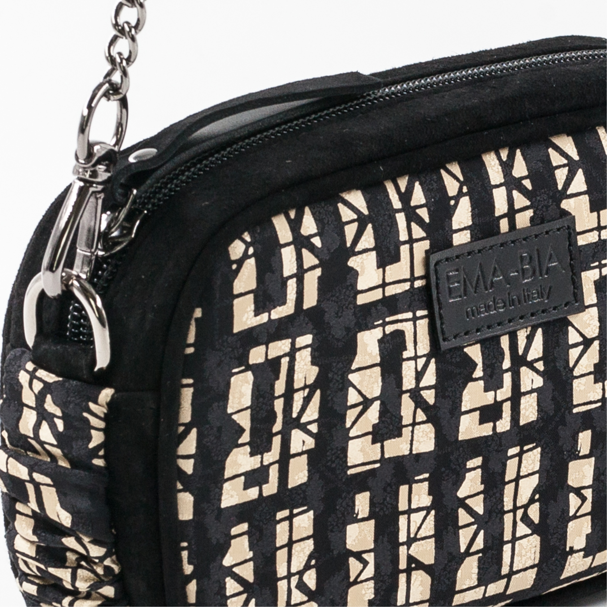 Mini-Tasche aus schwarzem Leder und Seide mit Print