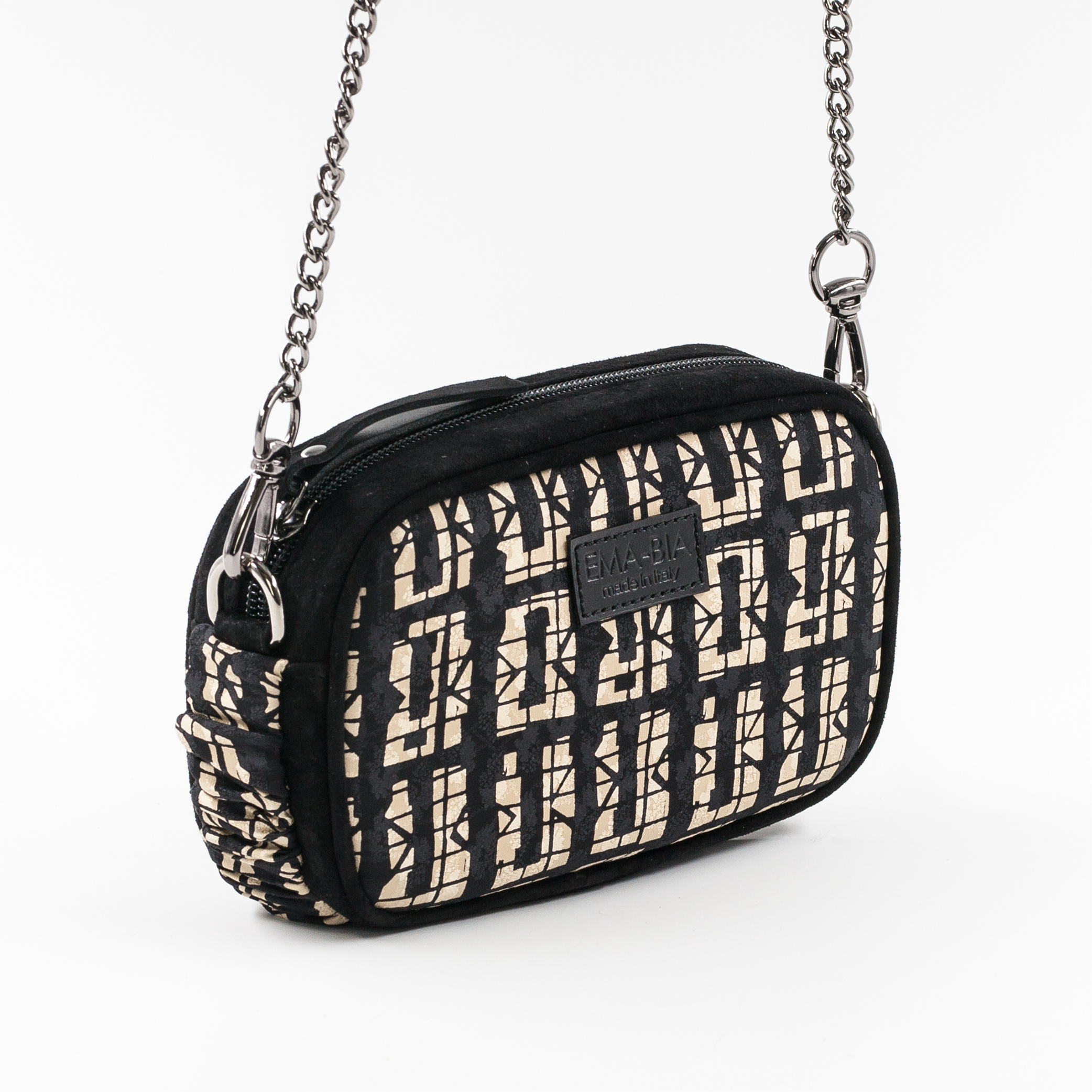 Mini-Tasche aus schwarzem Leder und Seide mit Print