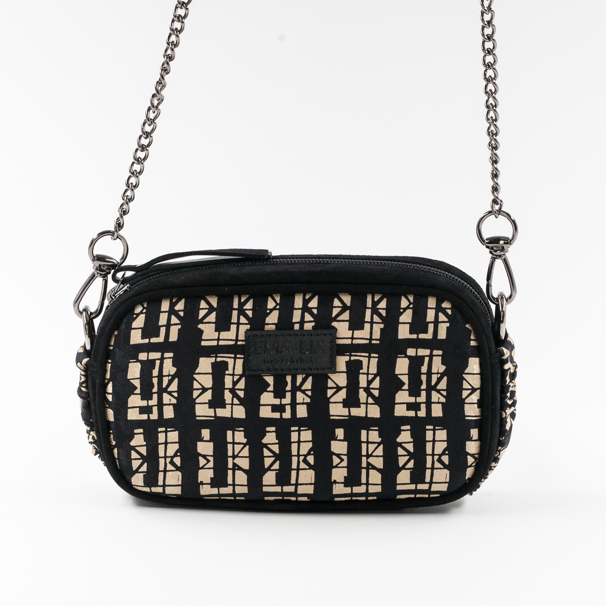 Mini-Tasche aus schwarzem Leder und Seide mit Print