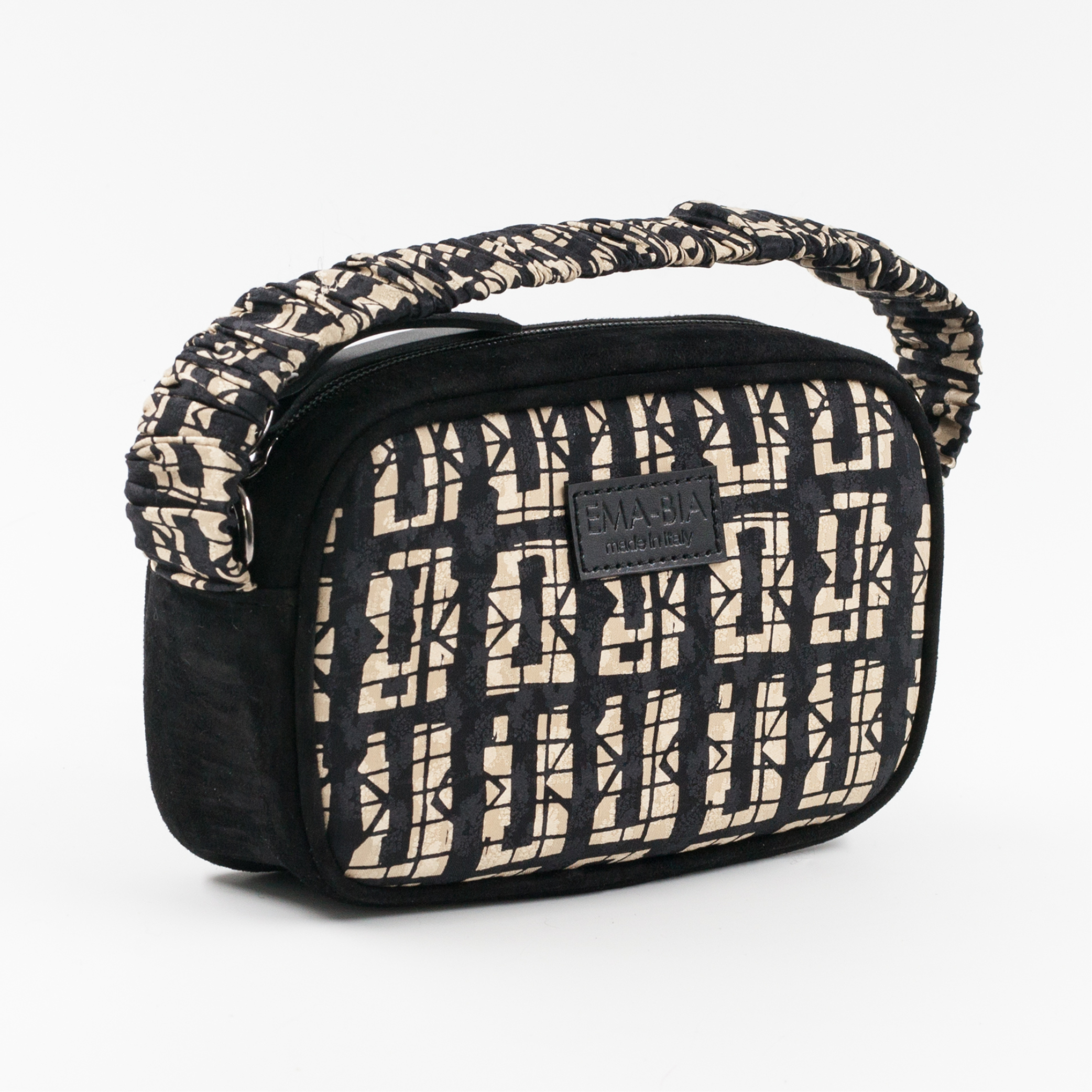 Mini-Tasche aus schwarzem Leder und Seide mit Print