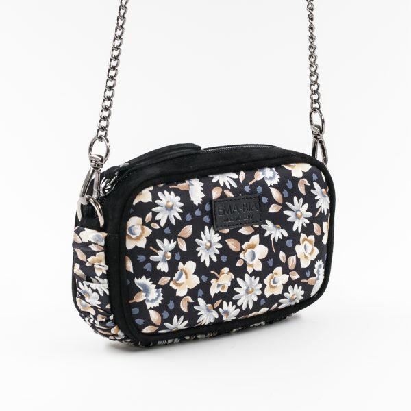 Mini-Tasche aus schwarzem Leder und Seide mit Blumendruck
