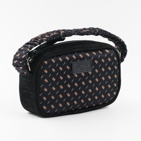 Mini borsa in pelle nera e seta con stampa gialla