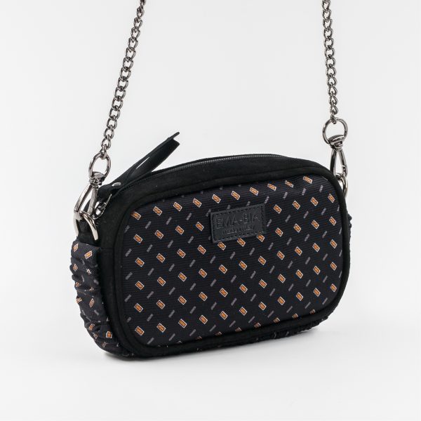 Mini borsa in pelle nera e seta con stampa gialla