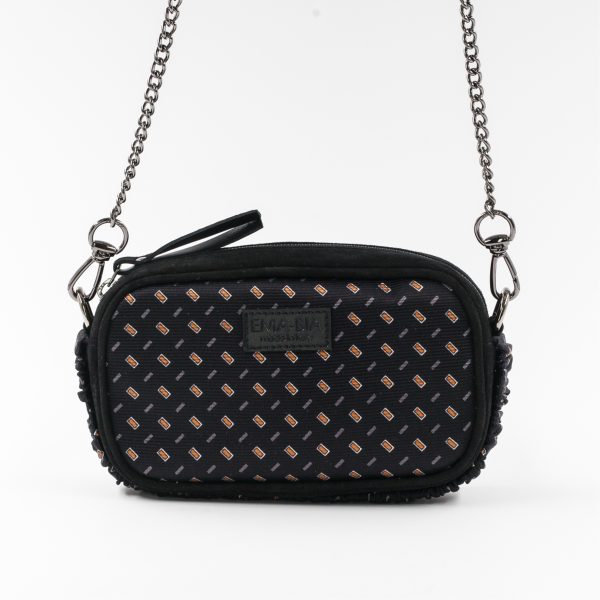 Mini borsa in pelle nera e seta con stampa gialla