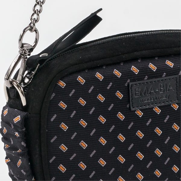 Mini borsa in pelle nera e seta con stampa gialla
