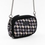Mini borsa in pelle nera e seta con stampa grigia