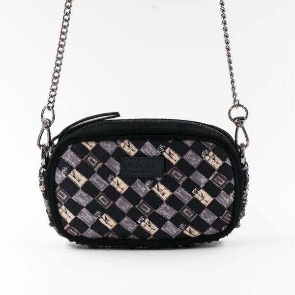 Mini borsa in pelle nera e seta con stampa grigia