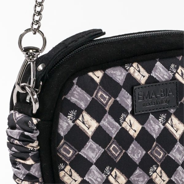 Mini borsa in pelle nera e seta con stampa grigia