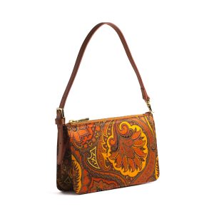 borsa in seta e pelle arancio e marrone