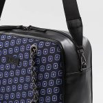 blue and black handbag in silk with light blue print details