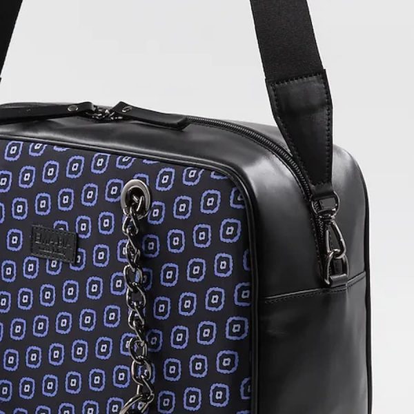 blue and black handbag in silk with light blue print details