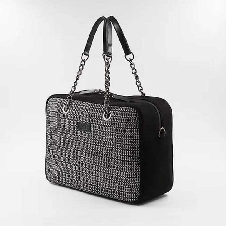 Schwarze und weiße Seide Handtasche mit Lederbesatz Kollektion 2023 Schwarze und weiße Seide Handtasche mit Lederbesatz Kollektion 2023
