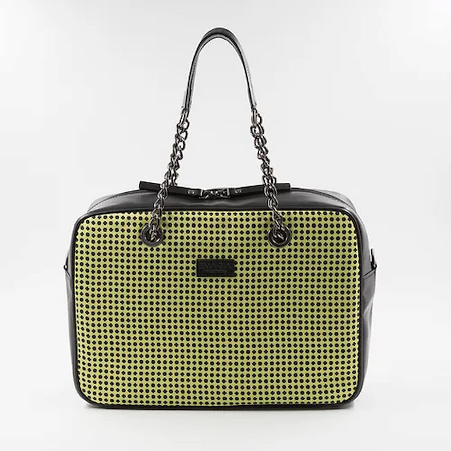 schwarze und säuregrüne Seidentasche mit Druck