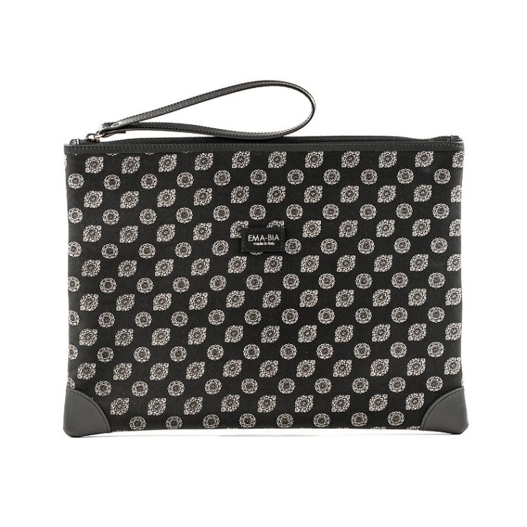 Handtasche-Hand-schwarz-in-Seide-mit-Druck-geometrisch