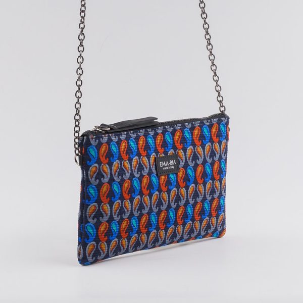 Borsa in seta blu e rossa con catenella