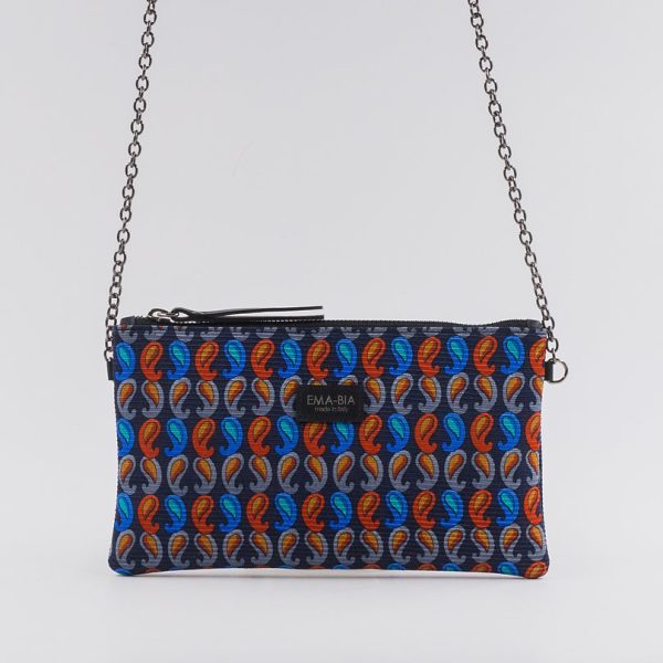Borsa in seta blu e rossa con catenella