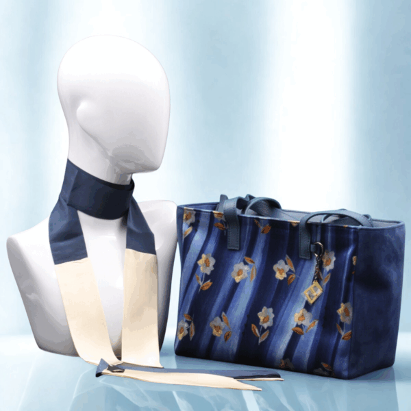 Blue suede and silk bag with flowers - Silky kit 30