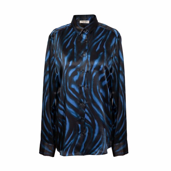 camicia in seta maculata nera e blu