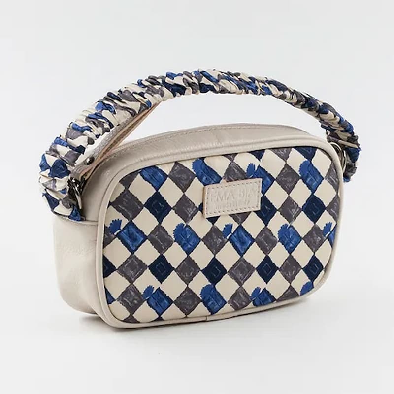 mini borsa in pelle beige e seta con stampa geometrica mano