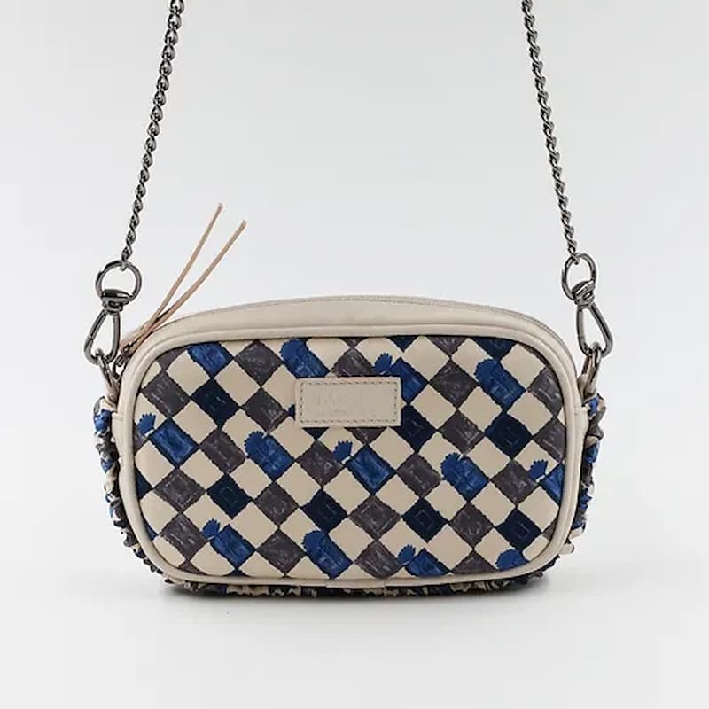 mini borsa in pelle beige e seta con stampa geometrica tracolla