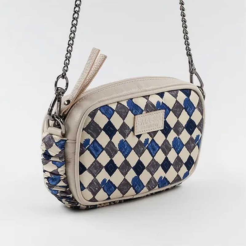 mini borsa in pelle beige e seta con stampa geometrica