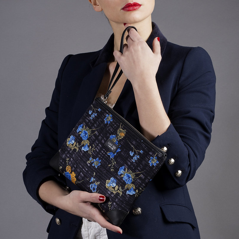 Black mini pochette with floral print - Silky T-Case mini, Made in Italy