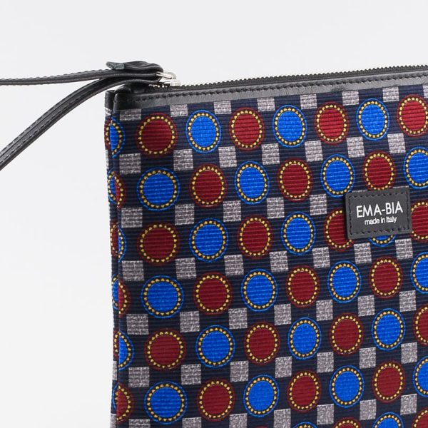 Mini pochette rossa e blu con stampe geometriche